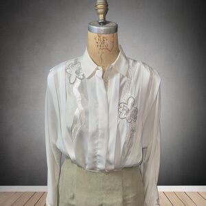 Vintage 1980 Elegant White Blouse with Silver Floral Accents
